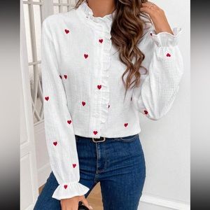 Heart Print White Red Frill Top Blouse Shirt
